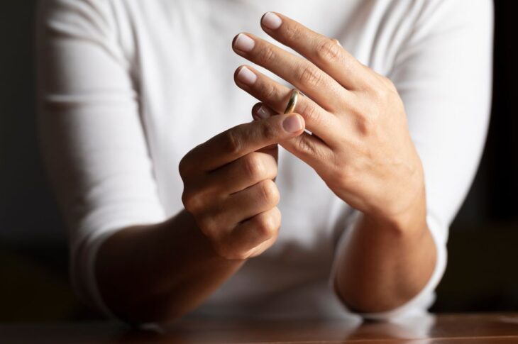 Divorce represented by woman removing wedding ring