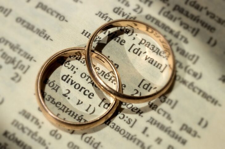 Two wedding rings on top of a dictionary page defining divorce